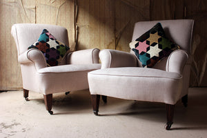 A Near Pair of Edwardian Period Oak & Pink Linen Upholstered Easy Armchairs c.1910