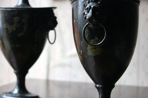 An Attractive Pair of Regency Period Black Japanned & Hand-Painted Pontypool Toleware Chestnut Urns c.1810-20