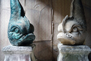 A Large Pair of 20thC Cast Stone Dolphins On Plinths c.1940-60