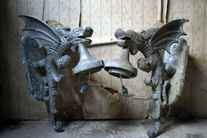 An Unusual Pair of Early 20thC Zinc Wall Lights in The Form of Wyverns c.1910-25