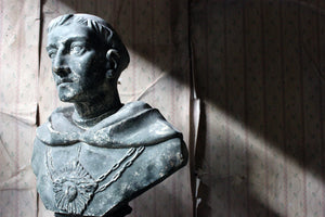 A Large 19thC Painted Plaster Portrait Library Bust of St. Francis of Assisi; Ex Milford House