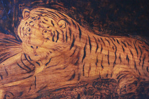 A Rare Regency Period Pyrography Panel of a Tiger by Joseph Smith, Skipton, North Yorkshire, 1818, after George Stubbs (1724–1806)