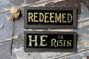 Two Rare Reverse Glass Painted & Mother of Pearl Ecclesiastical Signs c.1910-20