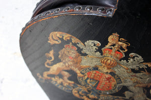 A Very Decorative 19thC Polychrome Painted Studded Leather Bound Pair of Bellows, Bearing The Royal Coat of Arms c.1870-80