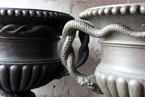 A Large & Rare Pair of Cast Iron French Estate Serpent Handled Urns c.1860-70 probably by the Val D'Osne Foundry