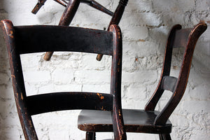 A Good Decorative Set of Six c.1860s Scottish Stained Provincial Elm & Beech Oxford-Back Chapel Chairs