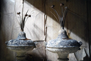 A Pair of Carved Stone & Tôle Peinte Topiary Garden Urns c.1900