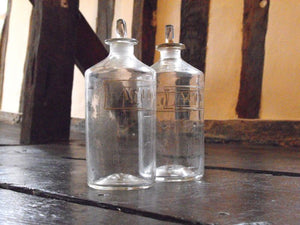 Two Late 19thC Etched Glass Apothecary Bottles for Nitric & Sulphuric Acid