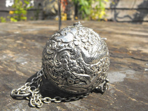 A Very Fine & Unusual 19thC Glass & White Metal Mounted Spherical Scent Bottle & Stand