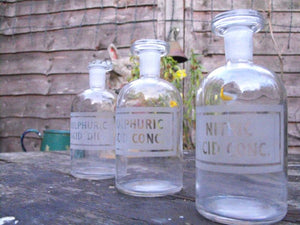 Three Late 19thC Etched Glass Apothecary Bottles For Sulphuric & Nitric Acids