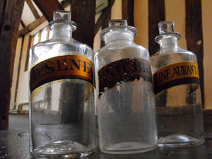 Three Late 19thC Glass Apothecary Bottles with Painted Banners for Potassium Bromide, Infusion of Orange Peel & Senega Root