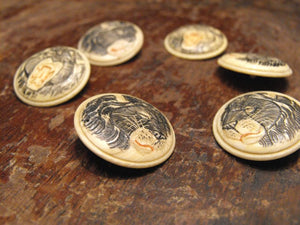 A Splendid Set of Six 1920`s Japanese Engraved & Tinted Ivory Circular Hand-Carved Buttons Each Depicting a Lion`s Head