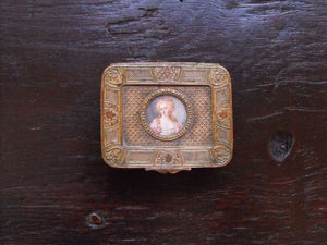 A 19thC Continental Brass Ring Box, the Lid with an Attractive Inset Portrait Miniature Signed 'Perin'