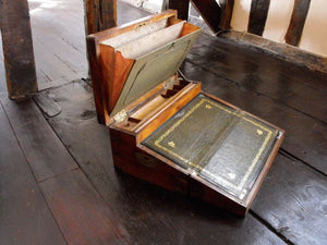 A 19thC Anglo-Colonial Campaign Thuya, Brass Inlaid, & Camphor Wood Lined Writing Slope