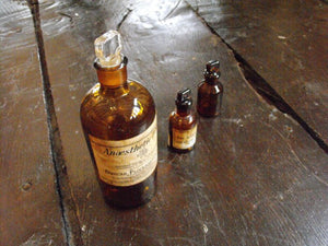 Three Late 19thC Brown Glass Apothecary Bottles for Anesthetic Ether & Ambergris